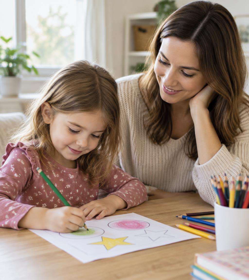 Mamá acompañando a su hija mientras colorea una actividad impresa